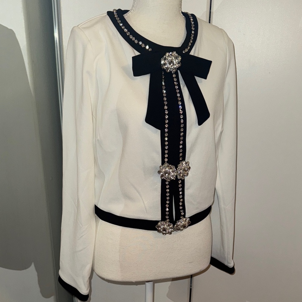 The O Boutique Black and White Embellished Top